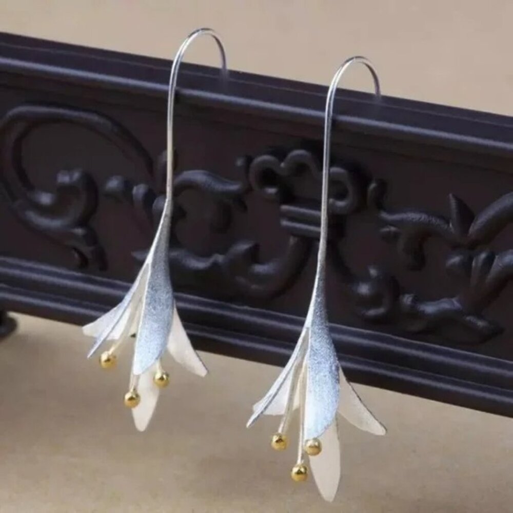 Oriental Hanging Japanese Unique Flower Earrings - Picture 6 of 6